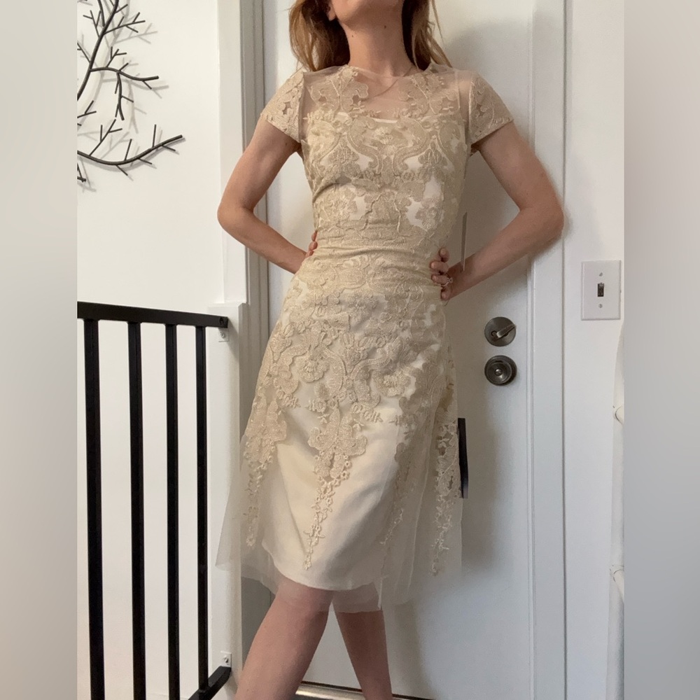 Teri Jon by Rickie Freeman Lace Sheath Dress — Ivory/Champagne Size 2 · NWT